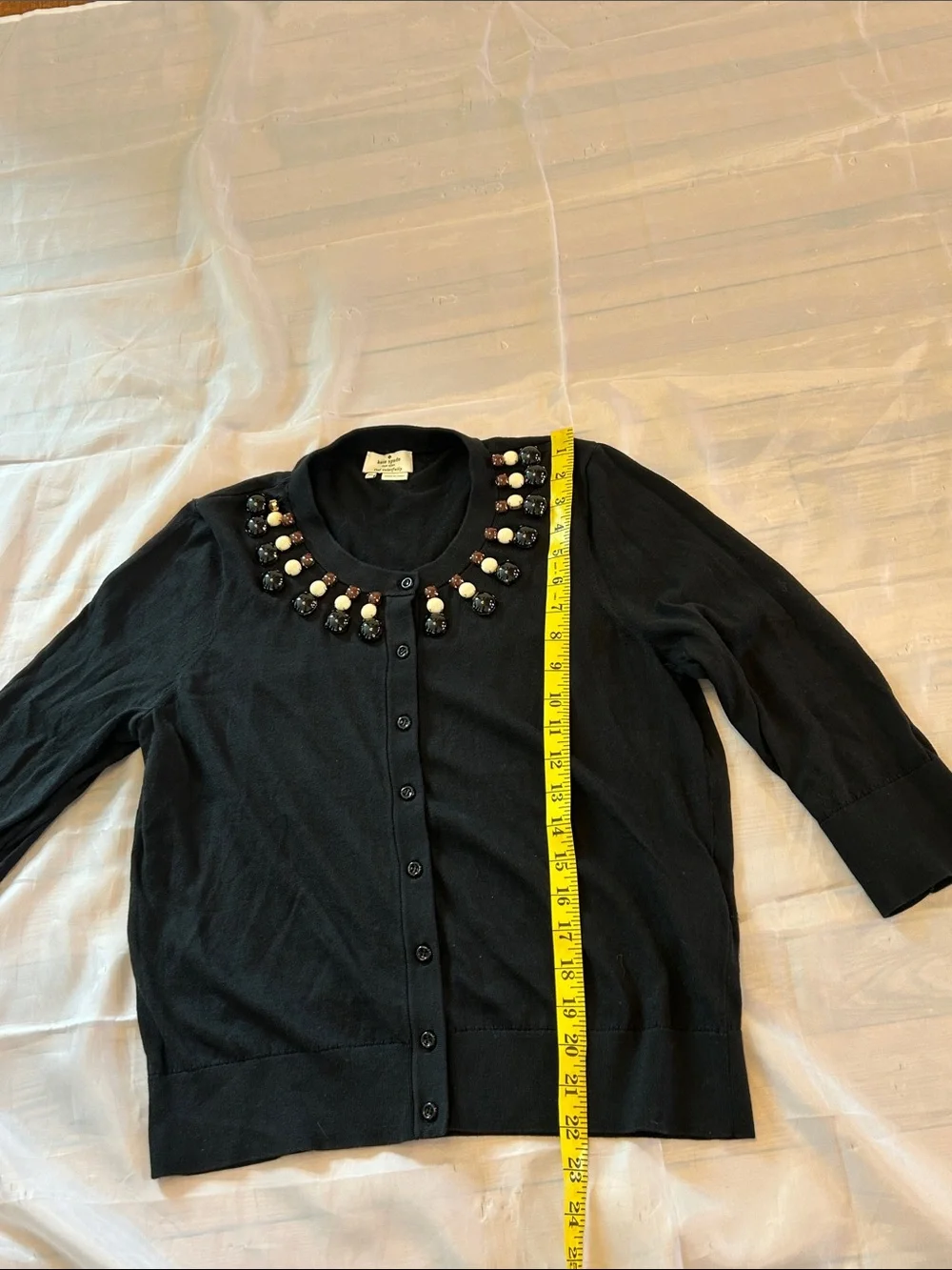 kate spade Black Embellished Crewneck Cardigan with Ivory and Brown Beads